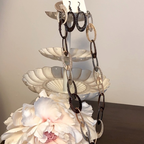 Jewelry - TriTone Textured Link Necklace & Earring Set Bronze Silver and Gold Tone New